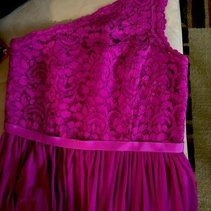 Size 10 rose pink full length  one shoulder dress with padded bra insert.
